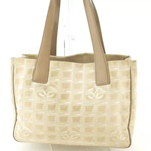 CHANEL tote bag New Travel line beige nylon jacquard ?~ leather USED T18349 - Picture 1 of 9
